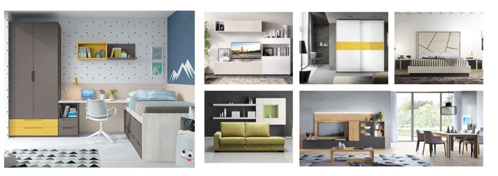 Six-panel collage of contemporary home interiors showing study/bedroom setups with desks, wardrobes, sofas, and a dining area.