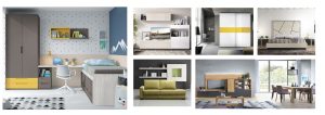 Six-panel collage of contemporary home interiors showing study/bedroom setups with desks, wardrobes, sofas, and a dining area.