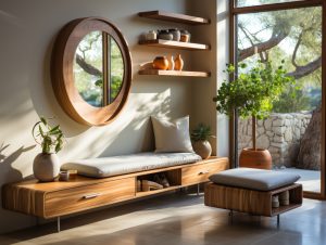Wooden lounge bench with cushions and storage, plus round mirror and open shelves in a sunlit room by a large window.