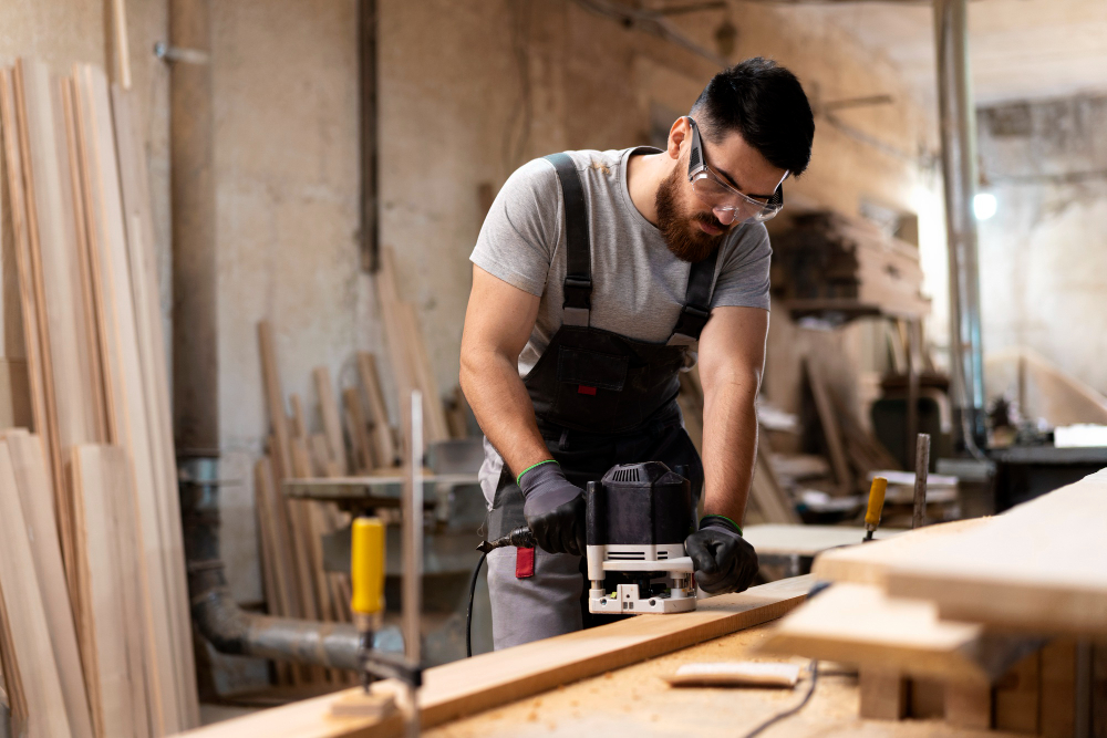 Bearded man in safety goggles and overalls guides a router along a wooden plank in a woodworking shop.