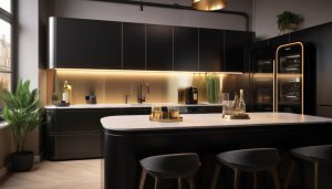Modern black kitchen with marble island, under-cabinet lighting, and a row of bar stools along the island edge.