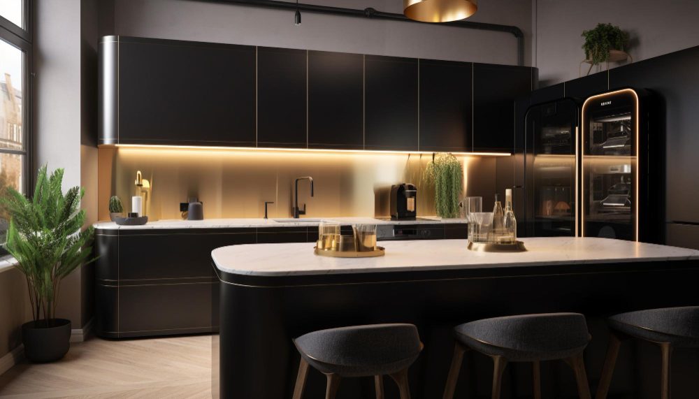 Modern black kitchen with marble island, under-cabinet lighting, and a row of bar stools along the island edge.