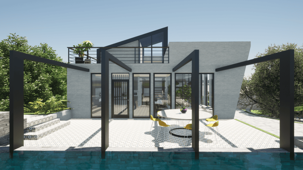 778524 - The WOW Designers - Decorar.org Modern two-story house with a glass-front patio, black framework, and a surrounding pool deck. The outdoor dining area features a round table and yellow chairs.