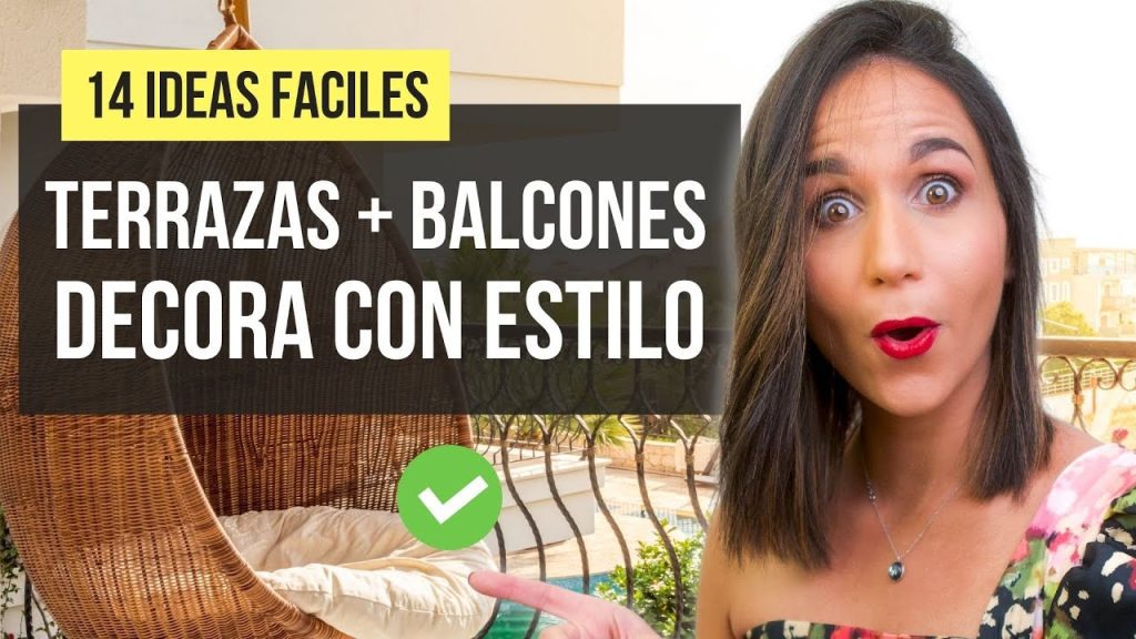 Woman on a balcony with a bold text overlay: '14 IDEAS FACILES' for decorating terraces and balconies.