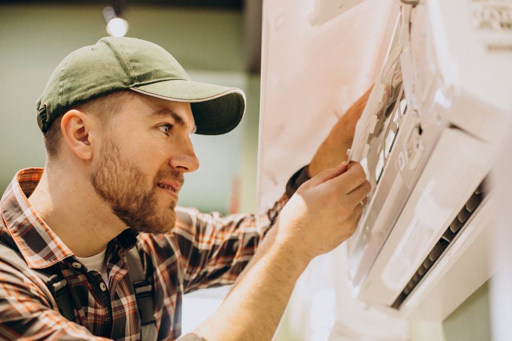 Technician in a green cap adjusts a control panel on a large machine.
